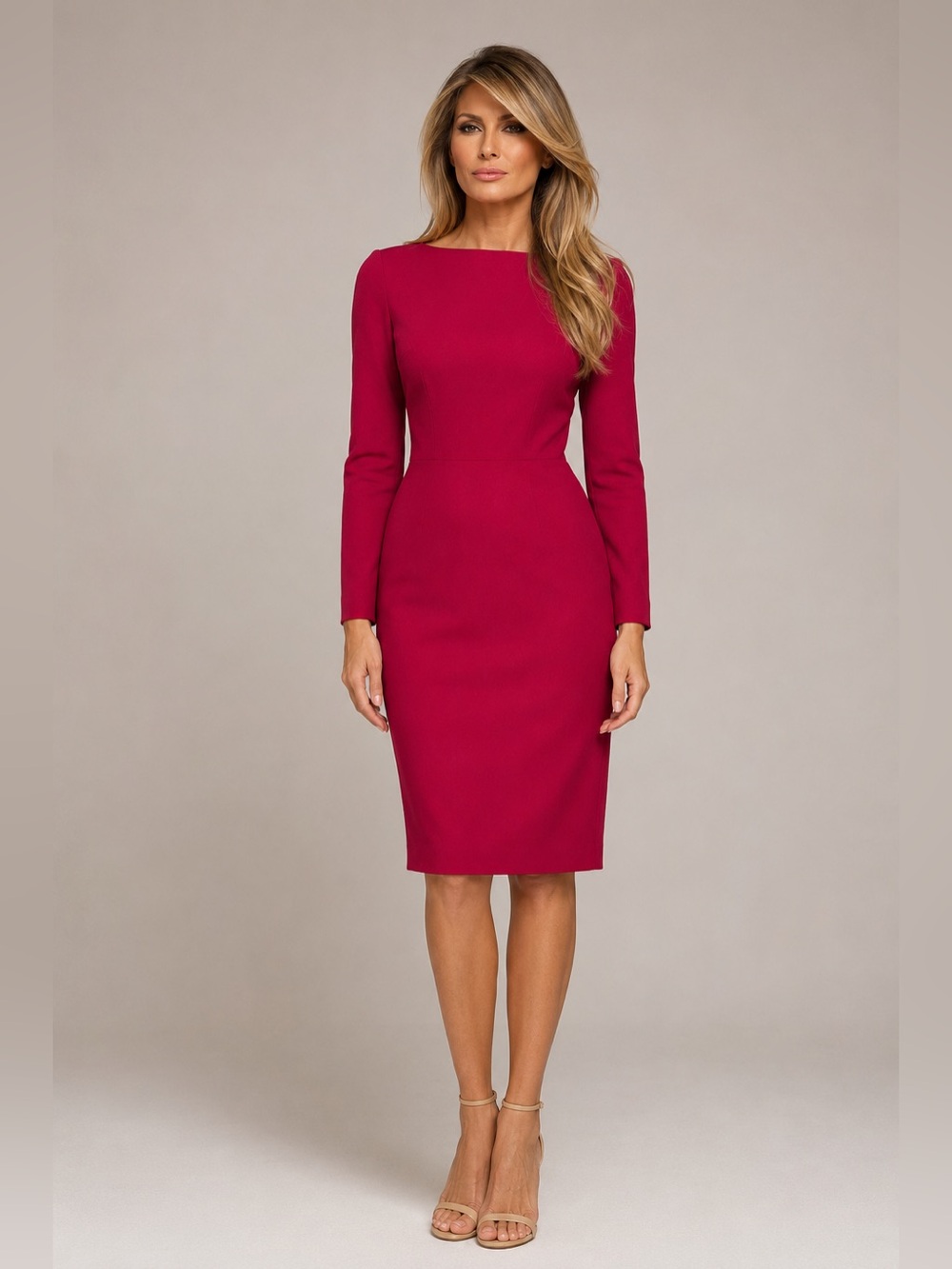 Susan Lazar Deep Red 100% Wool Sheath Long Sleeve Dress Size 8